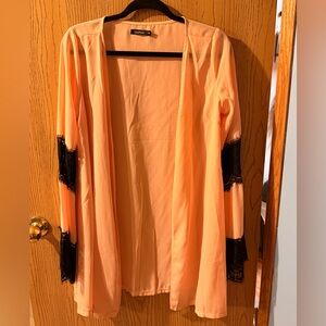 Kimono satin lace trim pink color with black lace details.